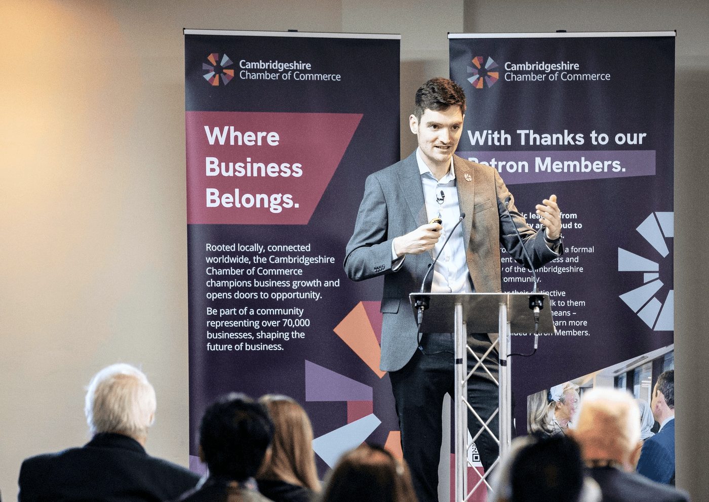 Jason Mashinchi speaking at the lectern at CambsB2B, 2026